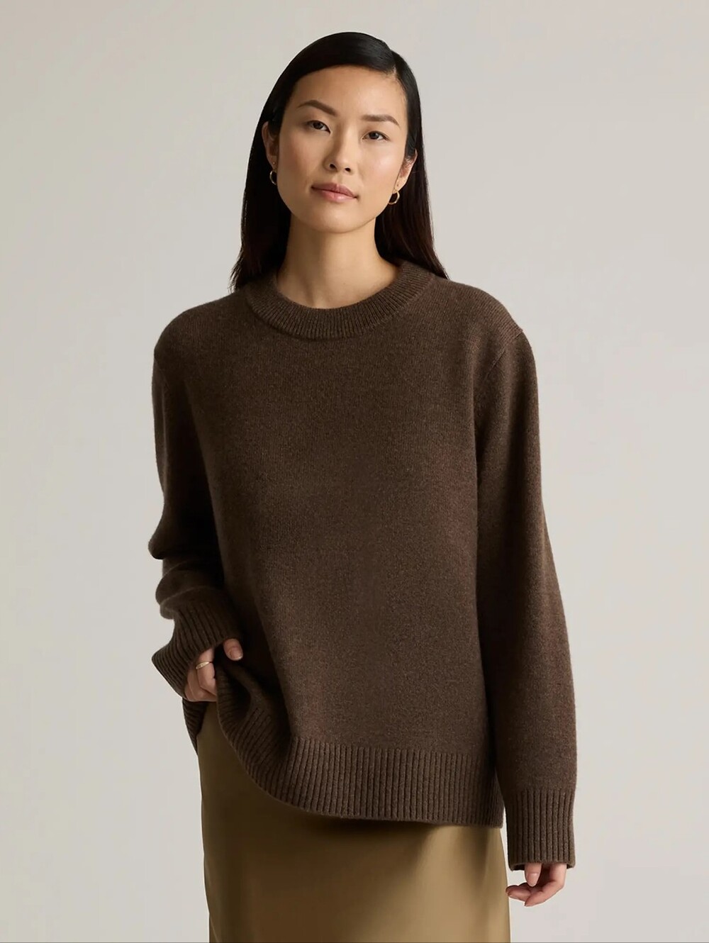 Mongolian Cashmere Oversized Crewneck Sweater, Large, Brown